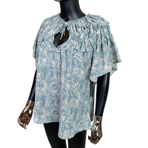 ✨ Bishop + Young Smocked Ruffle Flutter Sleeve Blouse Soft Teal Print Small NWT - Picture 4 of 9